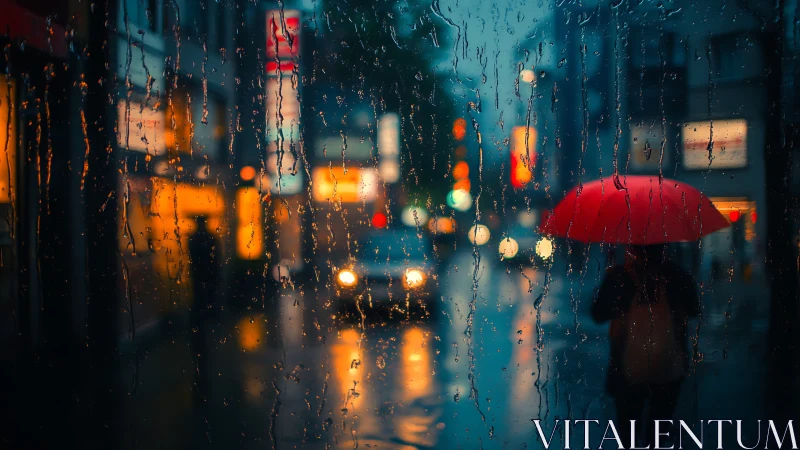 Rainy city street glows as red umbrella cuts through dusk