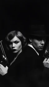 Vintage noir partners stand back to back in quiet tension.