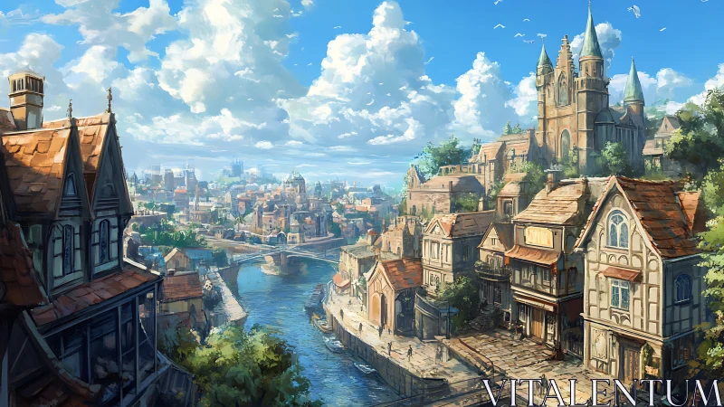 Riverside hill cityscape with neo-gothic cathedral under cumulus sky.