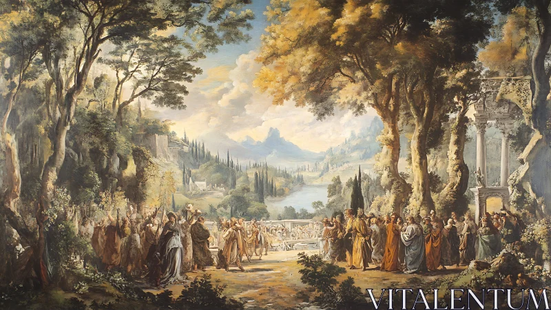 Classical outdoor gathering in wooded river valley landscape.