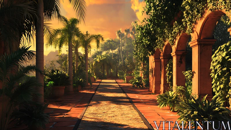 Sunlit tropical walkway passes arches and dense vegetation
