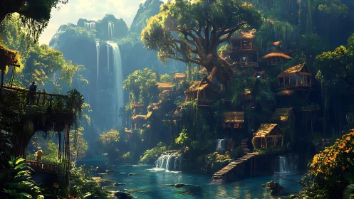 Waterfall treetop village dreaming in emerald forest hush.