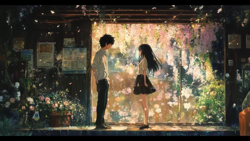 Two students standing in floral-lit wooden station interior.