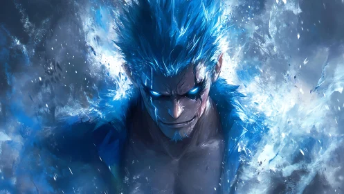 Ice-powered warrior channels volatile blue elemental fury.