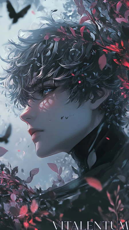 Side-lit profile of youth entwined with bioluminescent foliage