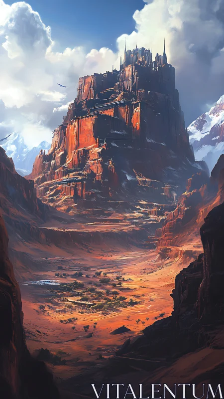 Eroded mesa citadel above stratified desert basin panorama.