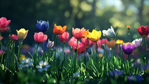 Tulips in sunlight with blurred garden background