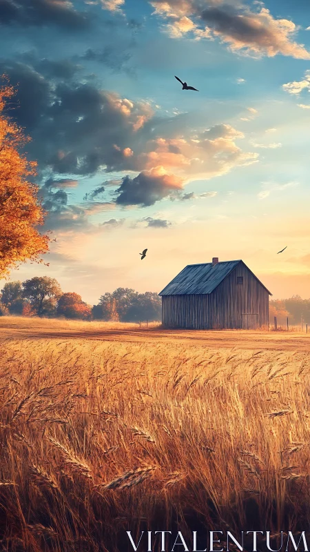 Golden wheat field surrounds weathered barn at sunrise.