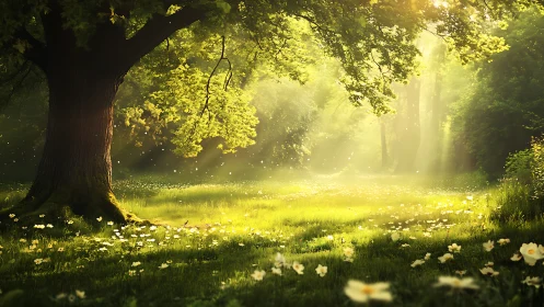 Sunlit Forest Glade with Wildflowers, Dreamy Nature Photography.