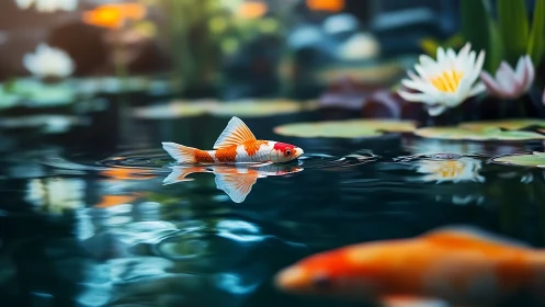 Koi fish glide through a tranquil lily pond at golden hour