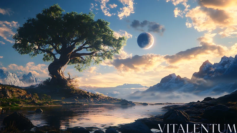 Ancient riverside tree beneath radiant alien crescent moon.
