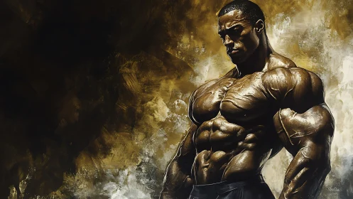 Powerful bodybuilder stands strong in bold golden light