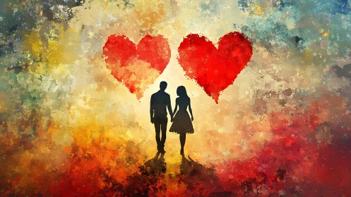 Couple Silhouette Under Two Hearts