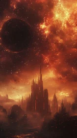 Apocalyptic Cathedral: Burning Realm of Destruction and Spires.
