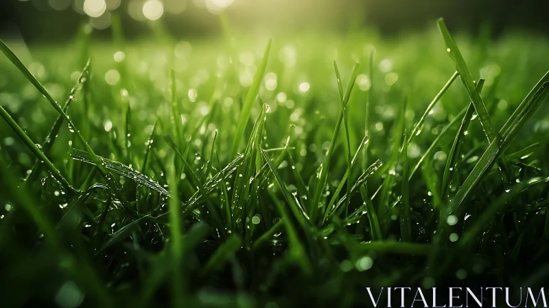 Macro optical study of dew-laden grass blades at sunrise.