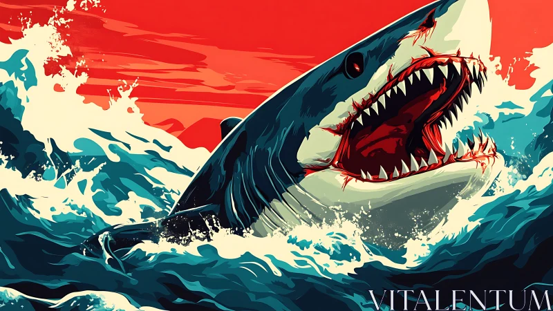 Ferocious shark lunging from violent ocean waves at dusk.