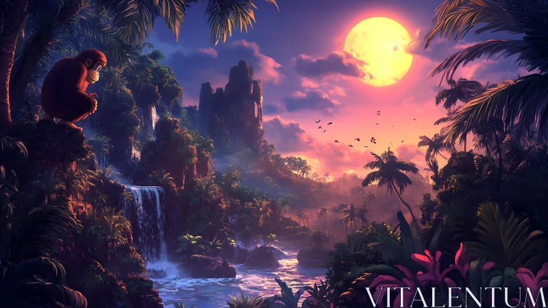 Simian silhouette overlooking luminous jungle river at dusk.