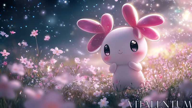 Dreamlit chibi creature in sparkling twilight flower field.