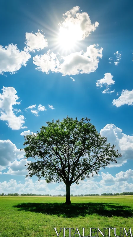 Solitary green tree stands under radiant midday sun