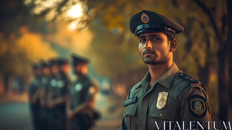 Young police officer stands watch under warm evening light