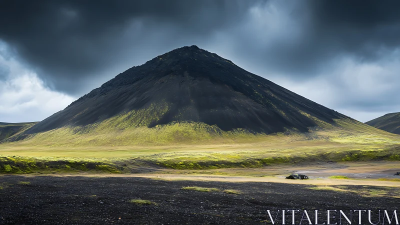 Storm-lit volcanic hill rises over mossy Icelandic plain