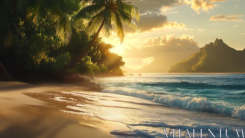 Tropical coastal landscape at sunset with island formation.