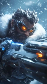 Frostbitten hero steadies a glowing rifle amid swirling snow
