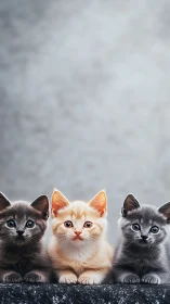 Three kittens positioned on stone ledge against overcast sky.