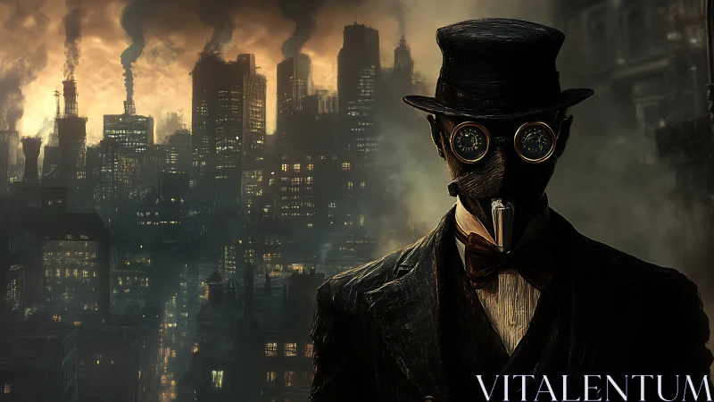 Masked figure in industrial skyline with dense smoke at dusk.