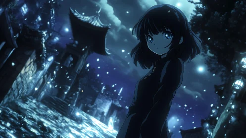 Nocturnal shrine traversal with blue-luminance anime subject.