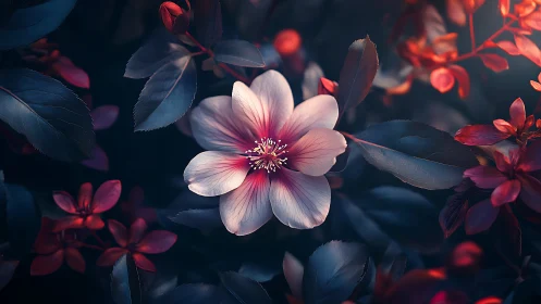 White and Pink Flower with Deep Blue Garden Background.