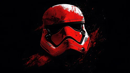 Red sci‑fi combat helmet rendered with high‑contrast splatter detailing