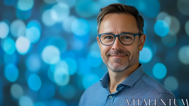 Middle-aged man portrait with teal bokeh background lighting