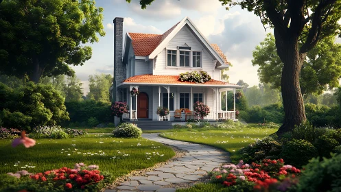 White farmhouse stands in lush garden under soft daylight