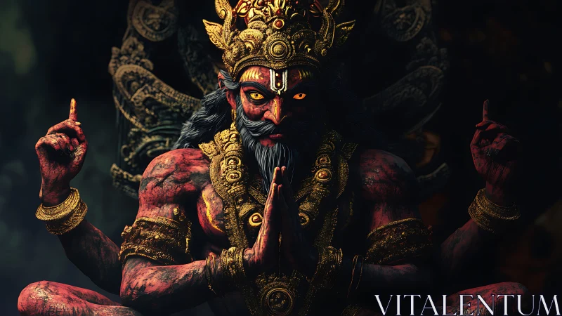 Digital render depicts multi-armed deity figure in low light