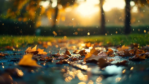 Rainlit autumn leaves glitter on a glowing golden pathway.