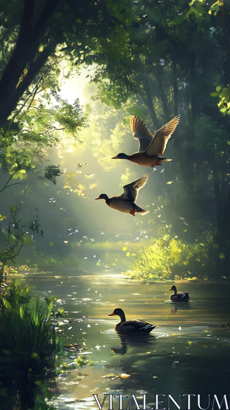 Sunlit forest pond where wild ducks drift and rise together.
