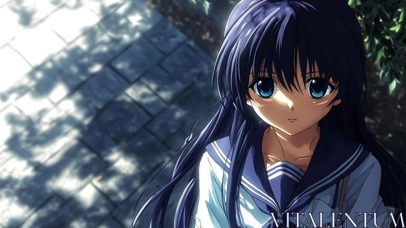 Quiet midday pause with a thoughtful blue eyed schoolgirl.