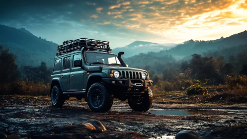 Off-road SUV parked on muddy trail at mountain sunset.