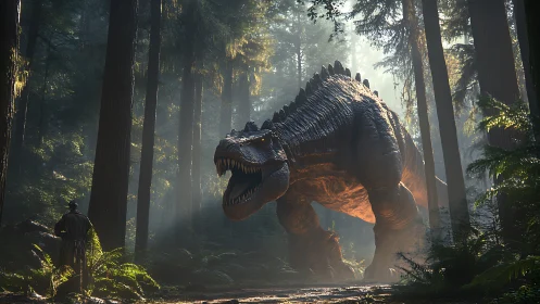 Gigantic spiked dinosaur confronting lone figure in misty forest