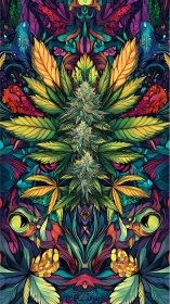 Psychedelic cannabis mandala with mirrored botanical symmetry