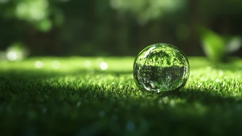 Sunlit glass sphere resting gently on fresh green grass.