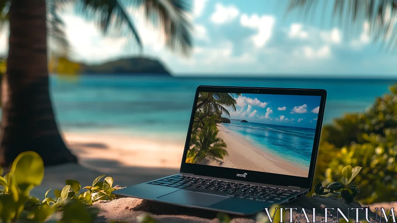 Laptop on tropical beach shows matching shoreline scene