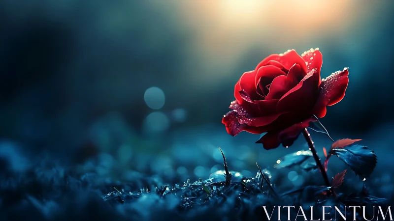 Red Rose Against Blue Twilight with Dewdrops.