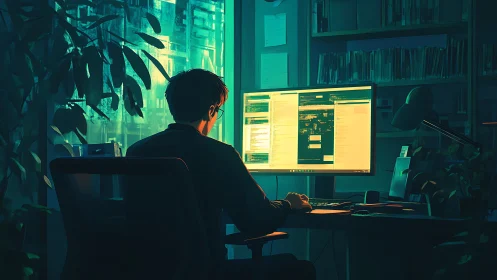 Person at computer workstation in dim office interior at night.