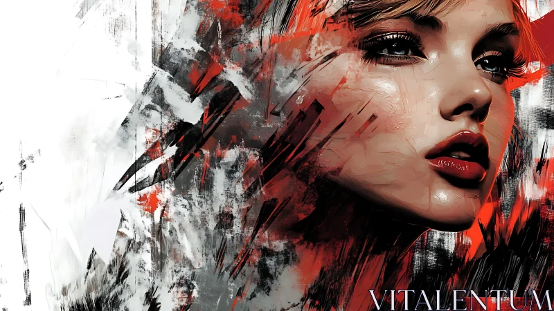 Digital portrait ignites a woman’s gaze amid abstract chaos