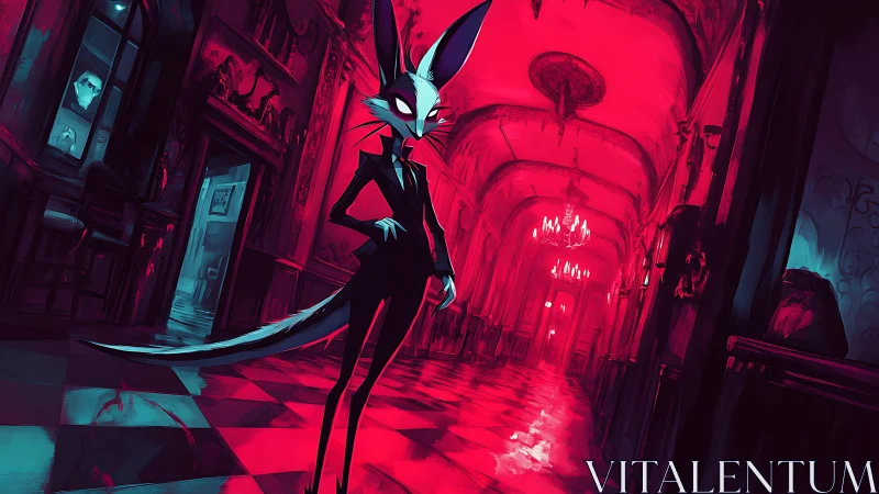 Elegant fox guardian stands poised in a glowing red hall