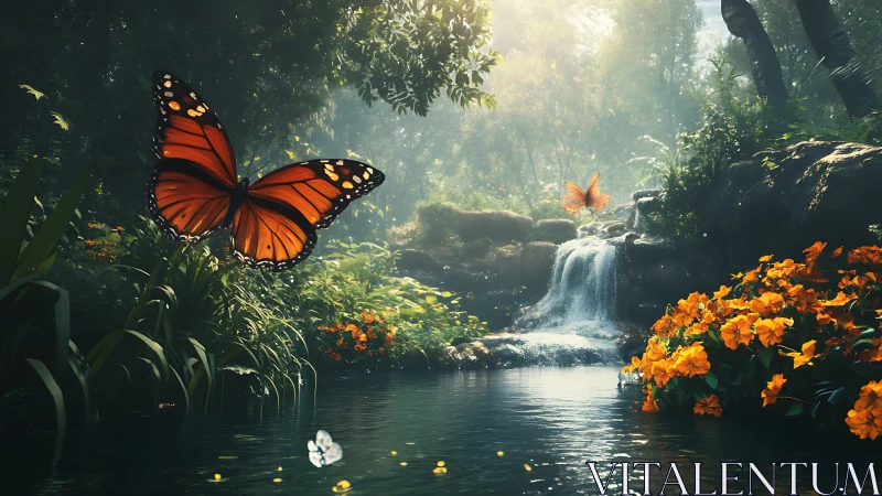 Monarch butterfly hovers above luminous forest waterfall pool