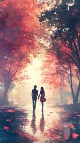Two Figures Walking Through Autumn Forest in Golden Light.