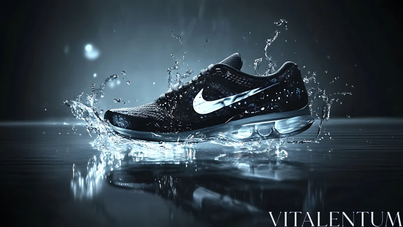 Black running shoe with water splash on reflective surface.